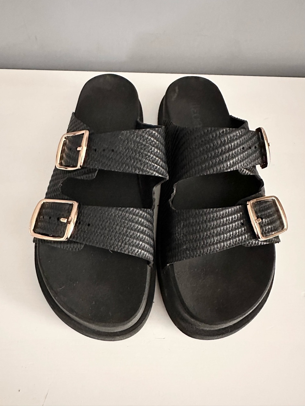 Women’s - Black, Double Strap Slides, Sandals, Rose Gold Buckles, Foam Footbed 7